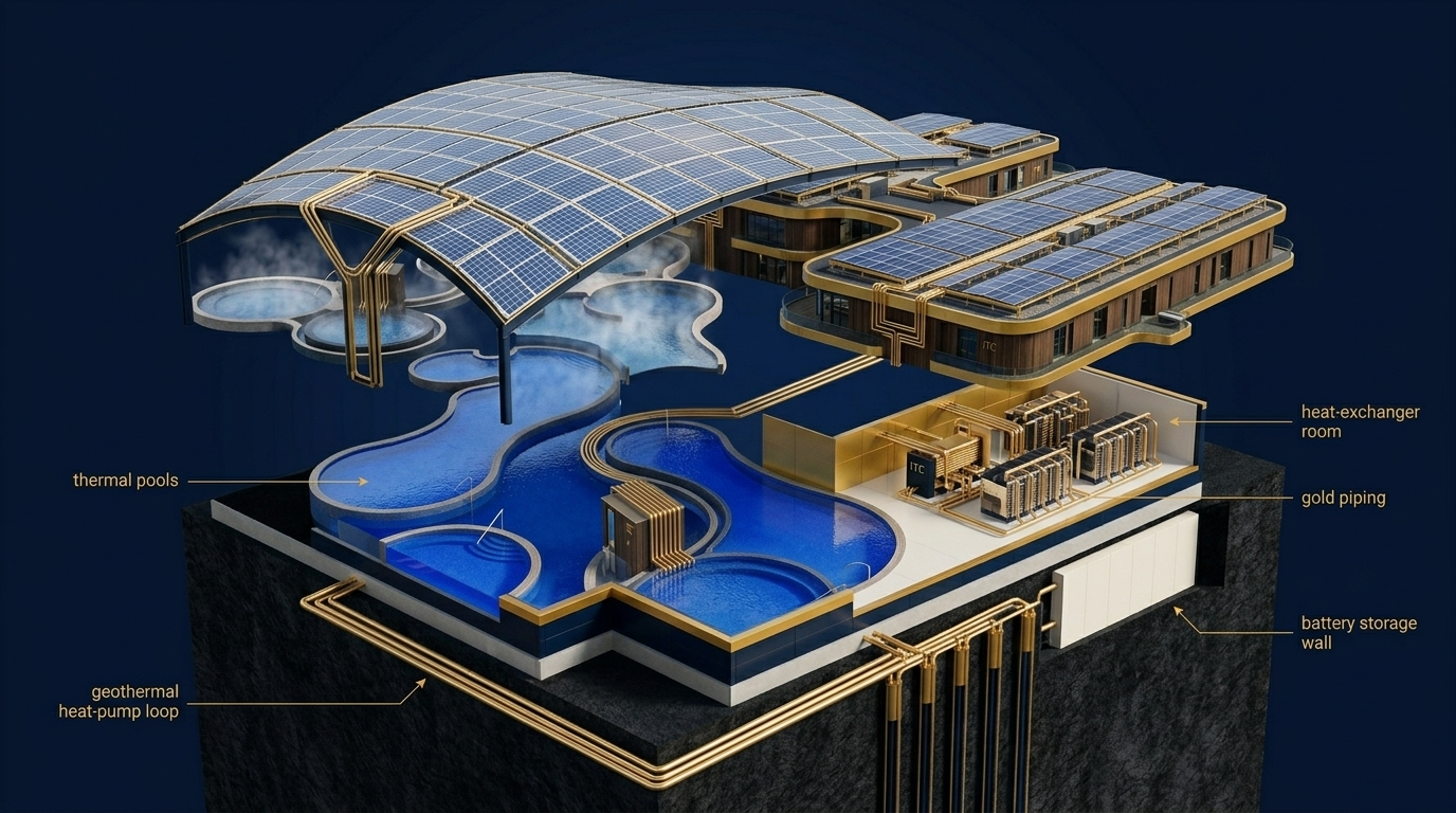 Wizualizacja koncepcji — zintegrowany stos energetyczny termalnego aquaparku