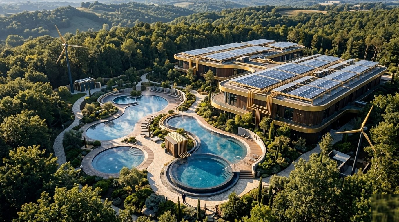 Krajobraz kurortu termalnego — baseny, otaczająca zieleń i infrastruktura OZE