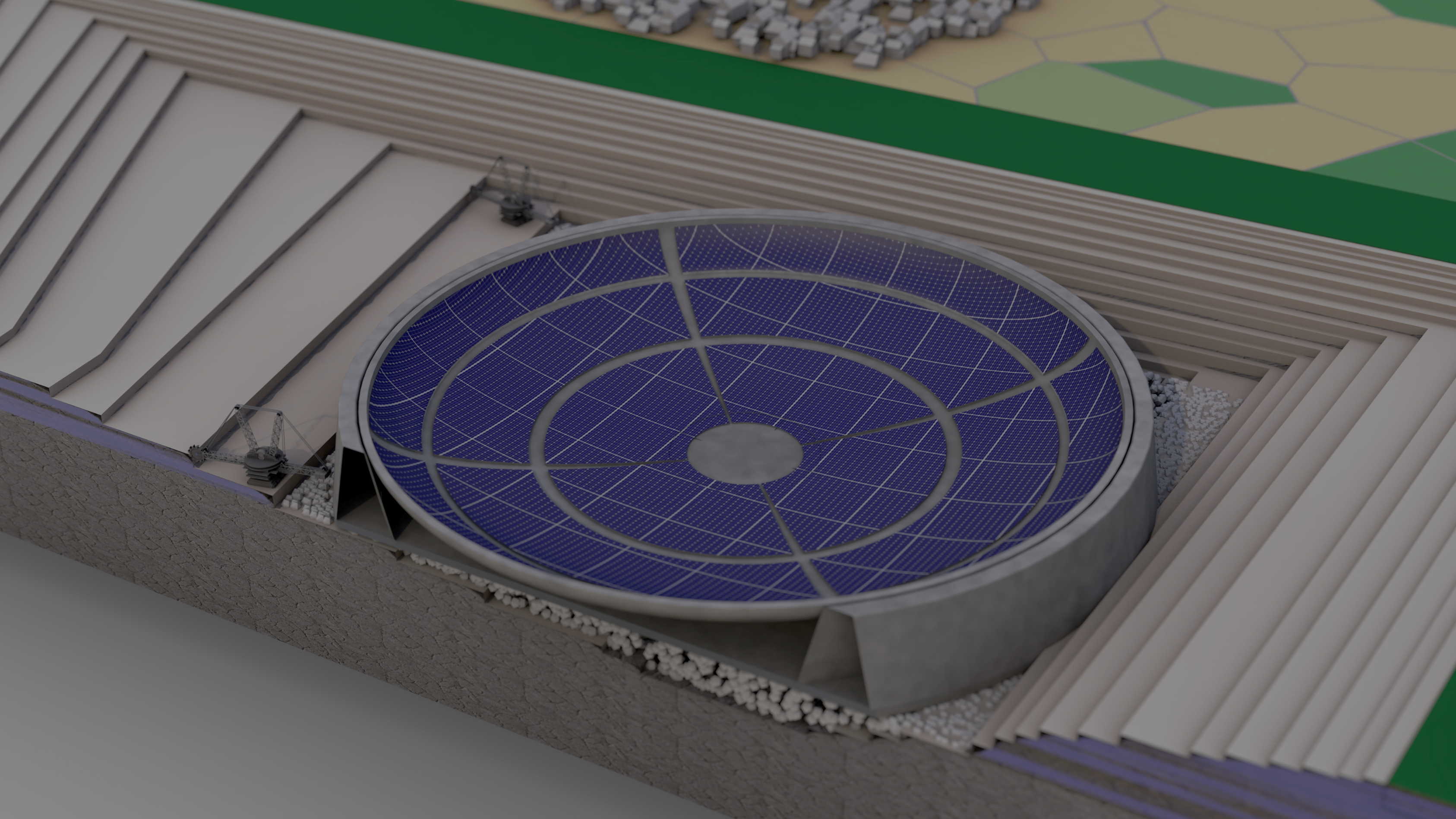 Concept rendering — PV canopy and conversion plant over the basin