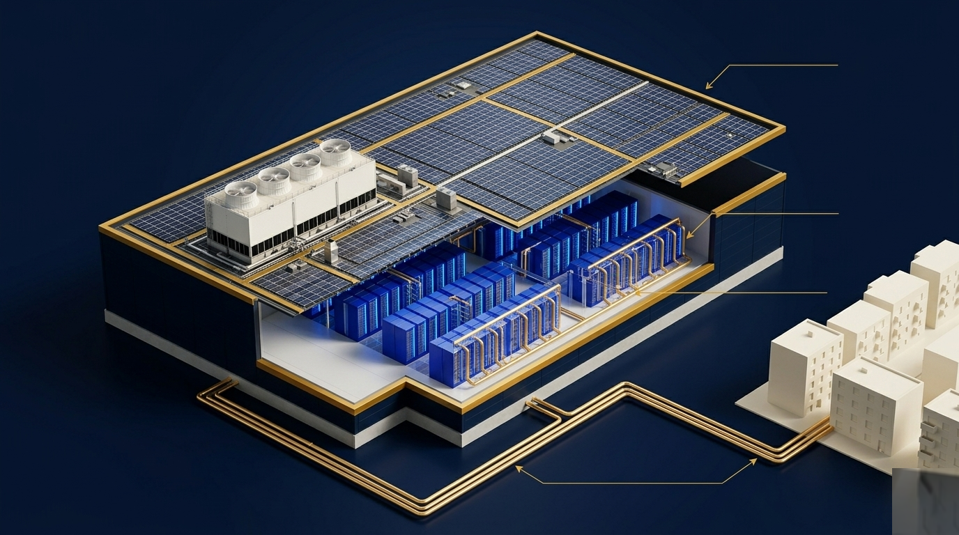 Koncept zrównoważonego data center — PV, chłodzenie cieczowe i link ciepłowniczy