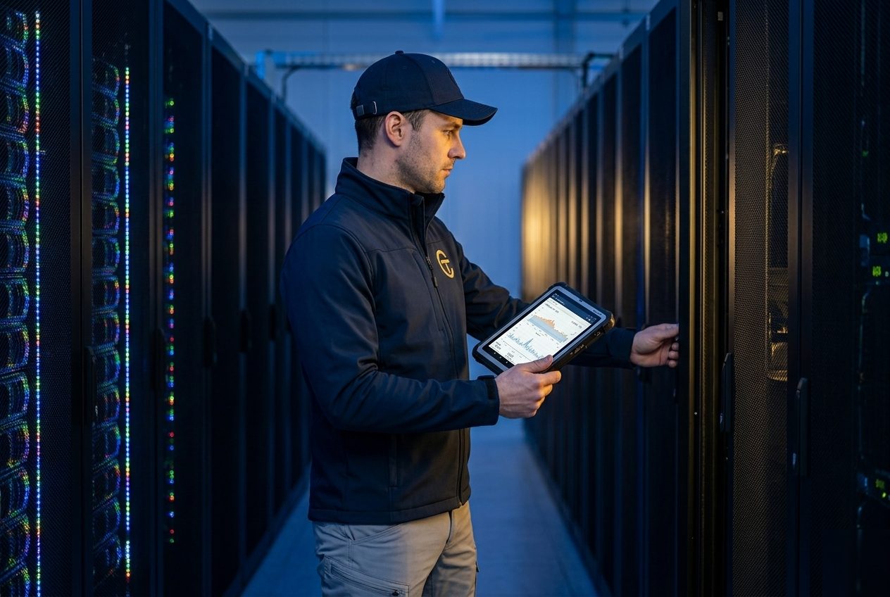 Inżynier ITC Europe podczas pomiarów w serwerowni — weryfikacja na żywo na tablecie.