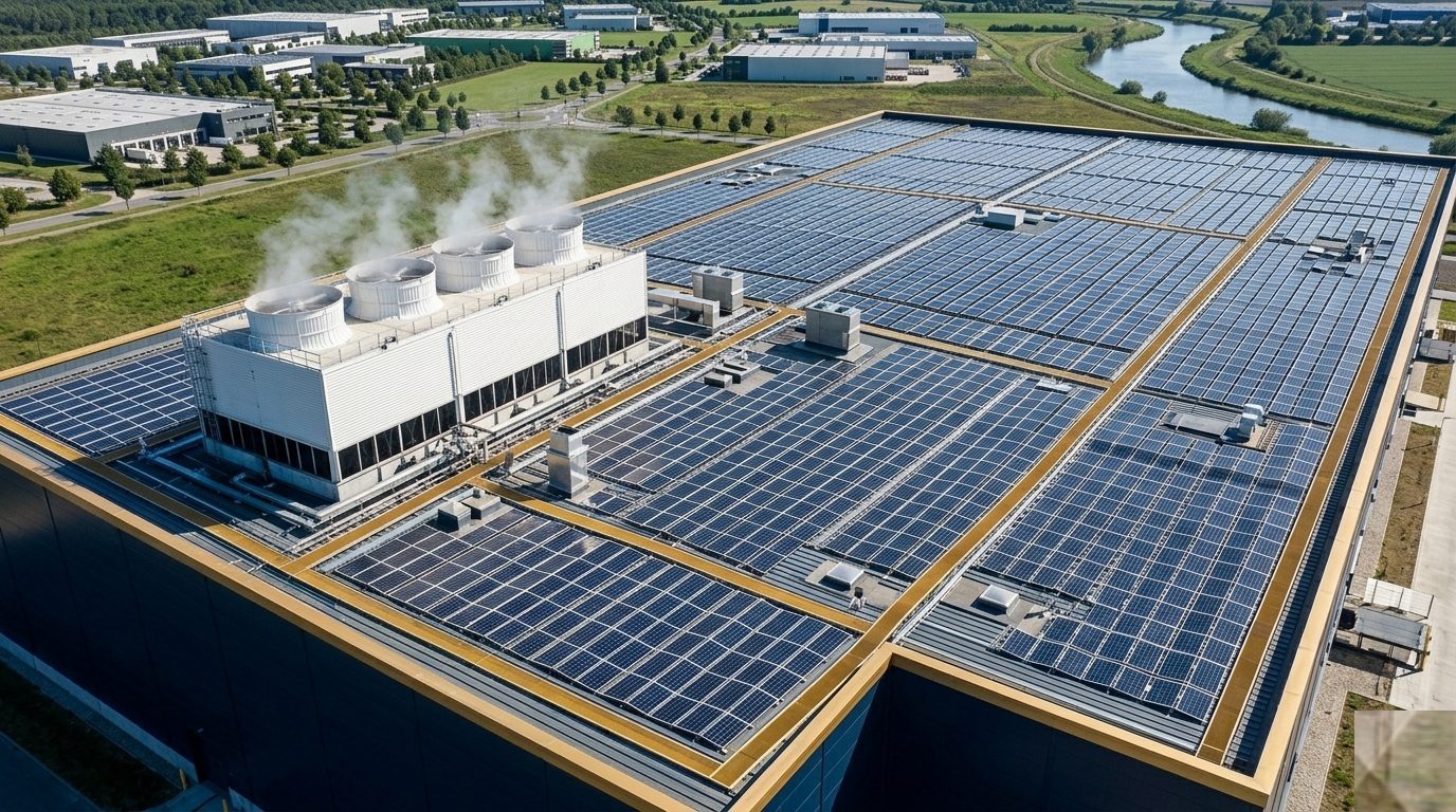 Dachowa infrastruktura nowoczesnego data center — pokrycie PV i wieże chłodnicze