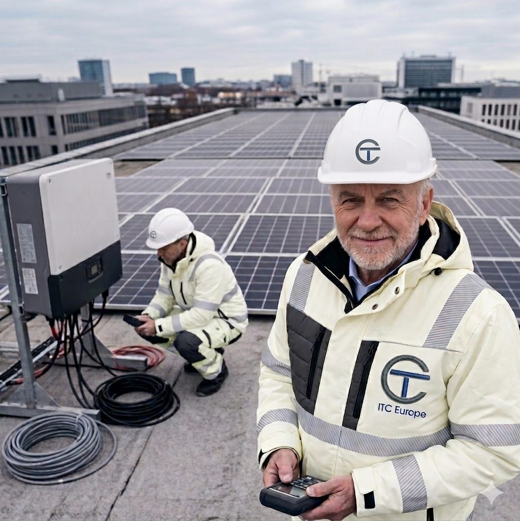 Inżynierowie ITC Europe na dachu biurowca przy instalacji fotowoltaicznej — prawdziwy audyt w obiekcie, nie render.